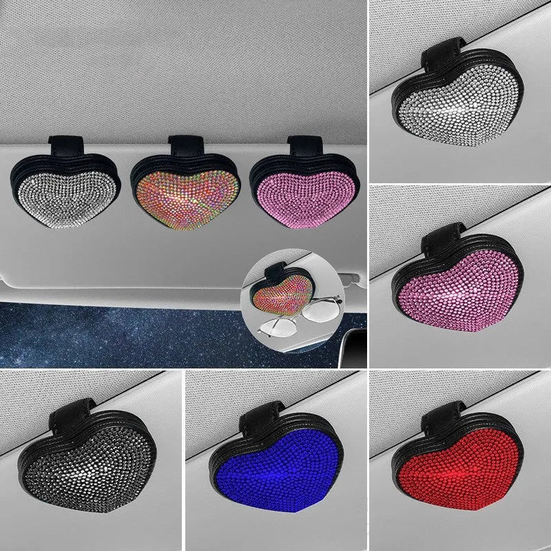 Black PU leather magnetic car sun visor clip holding sunglasses with a slot for tickets.