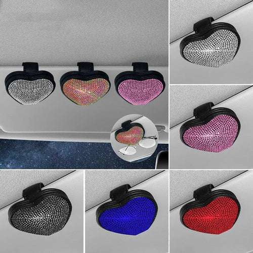 Black PU leather magnetic car sun visor clip holding sunglasses with a slot for tickets.