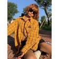 Dopamine yellow plaid shirt in loose cardigan style with chemical fibre blend fabric