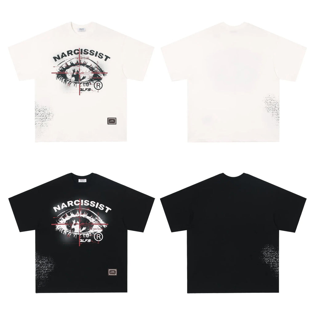 Black and white retro hip hop gothic graphic t-shirt with letter designs on cotton fabric