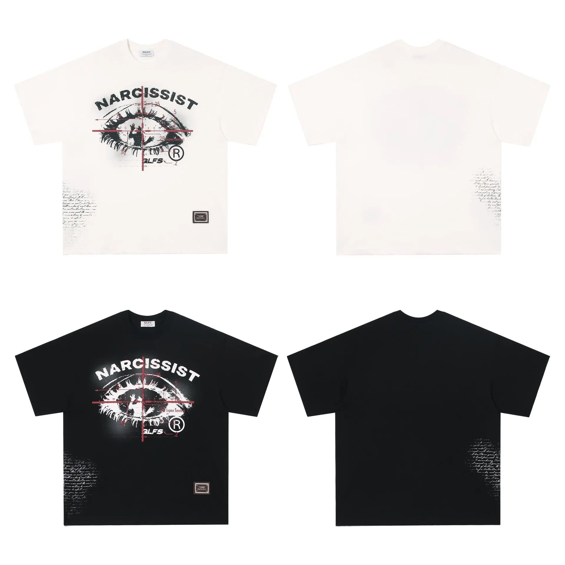 Black and white retro hip hop gothic graphic t-shirt with letter designs on cotton fabric