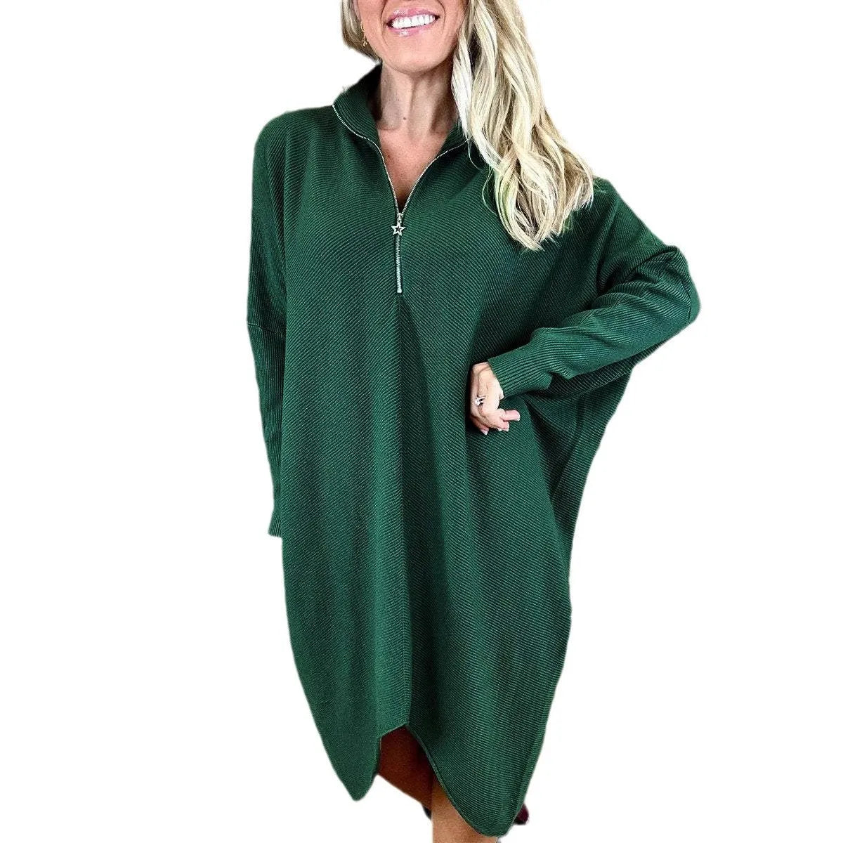 Women's loose-fit knitted dress in navy blue with a front zip closure and raglan sleeves.