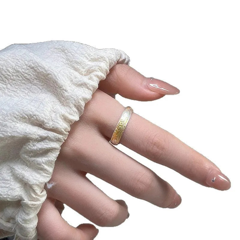J14 Xiangyun open mouth ring in white copper with geometric pattern and electroplated gold silver finish