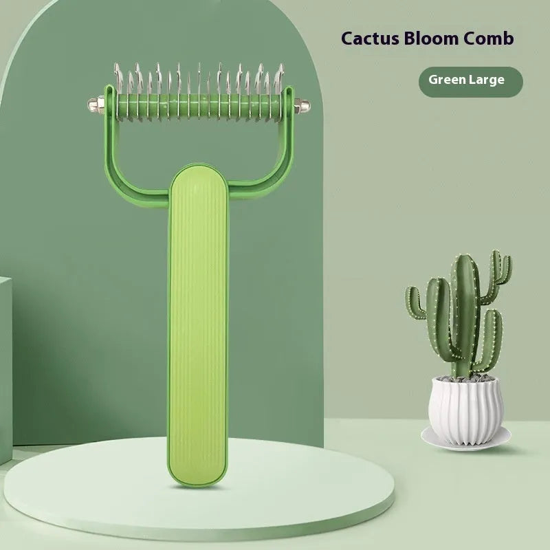 Dog grooming comb with stainless steel teeth and plastic handle in green or grey colour