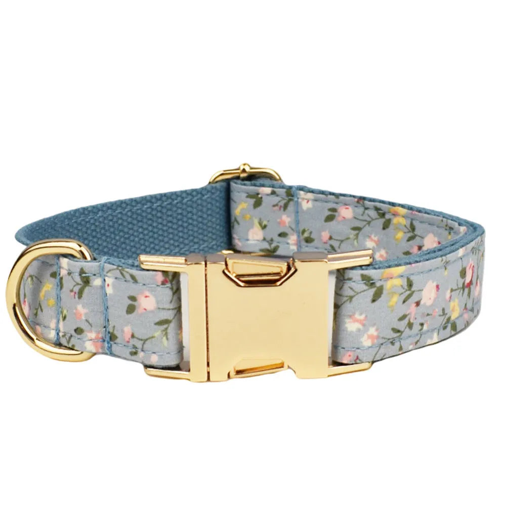Blue floral patterned polyester cotton dog collar with adjustable fastener and coordinating accessories