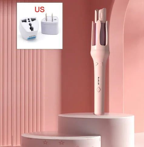 Automatic hair curler in white pink colour with 32mm barrel and US EU plug adapters