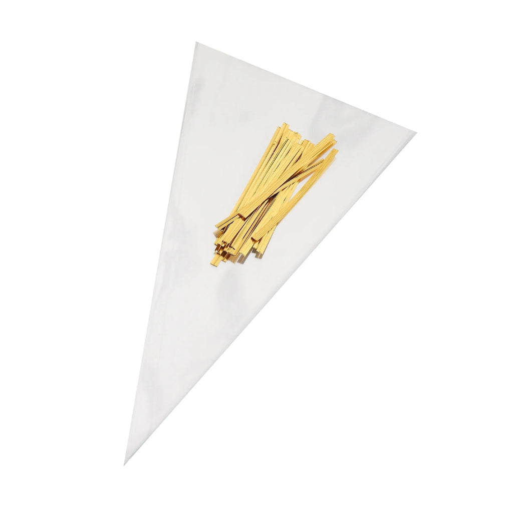 Clear triangle-shaped plastic packaging bag with a silver tie wire closure, shown in three different sizes.