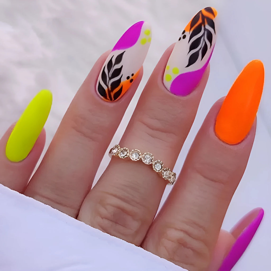 Almond-shaped nail stickers with tulip patterns in French leaves, macaron, leopard print, and plating designs