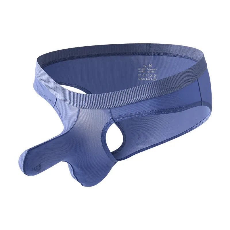 Ice silk men's low waist briefs underwear shown in multiple colours including black, grey, purple blue, light green, and pink.
