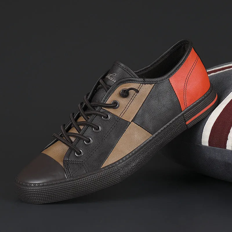 Men's colour-contrast leather shoes with microfiber upper and elastic band design in black and white combination