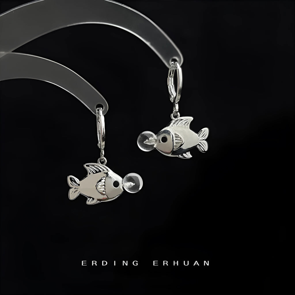 A pair of copper bubble fish earrings with goldfish elements and an electroplated finish.