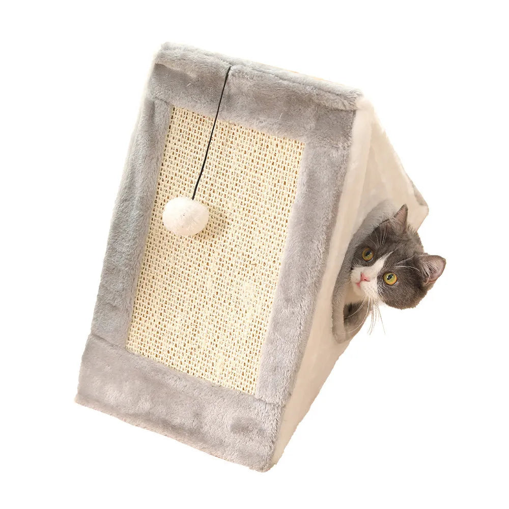 Grey and white triangle-shaped cat scratching post with an integrated plush fur bed for lounging.