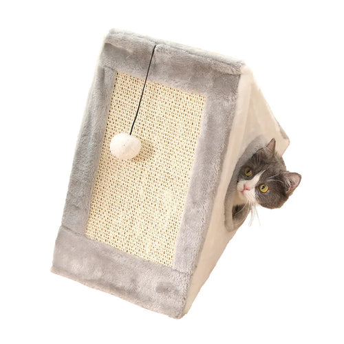 Grey and white triangle-shaped cat scratching post with an integrated plush fur bed for lounging.