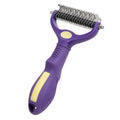 Purple double-sided plastic dog comb for removing knots and tangles from matted fur.