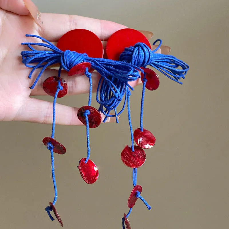 Handmade geometric women's earrings with blue resin flowers on cloth material, 30 Silver Needle colour