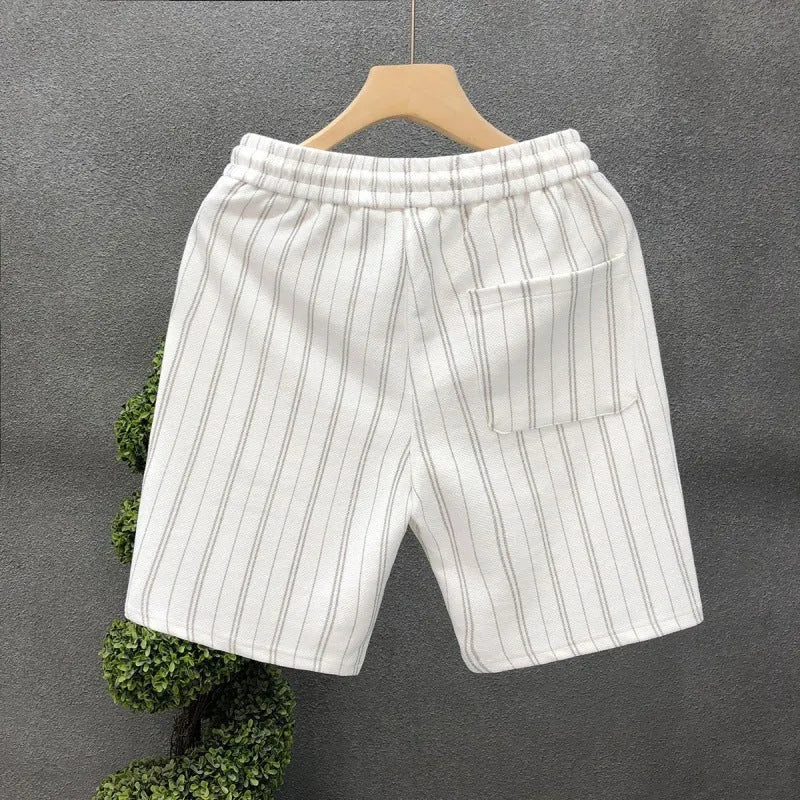 Men's black and white striped casual shorts with a fleece lining and double-layer waistband.