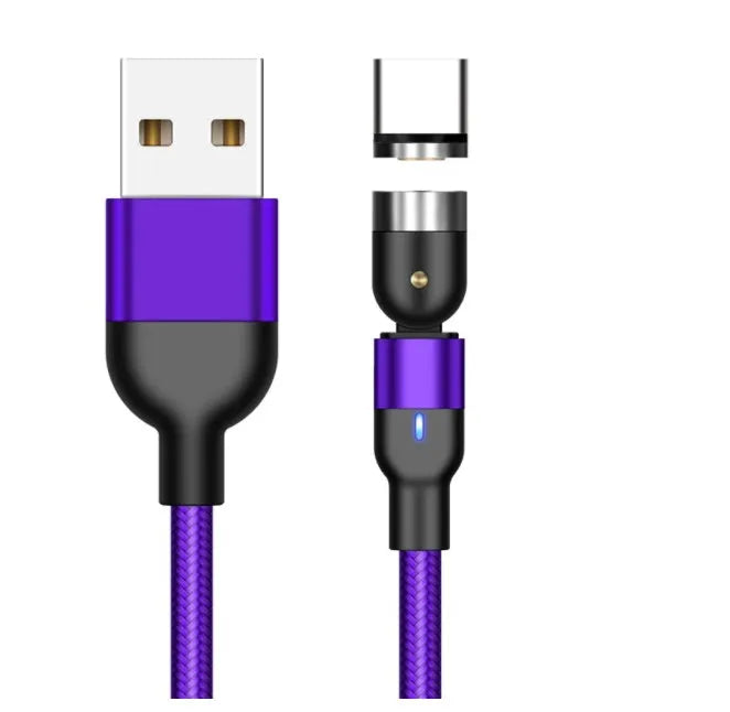 Essager rotating magnetic USB charging cable with LED light in black, shown with Android and Type-C magnetic tips.