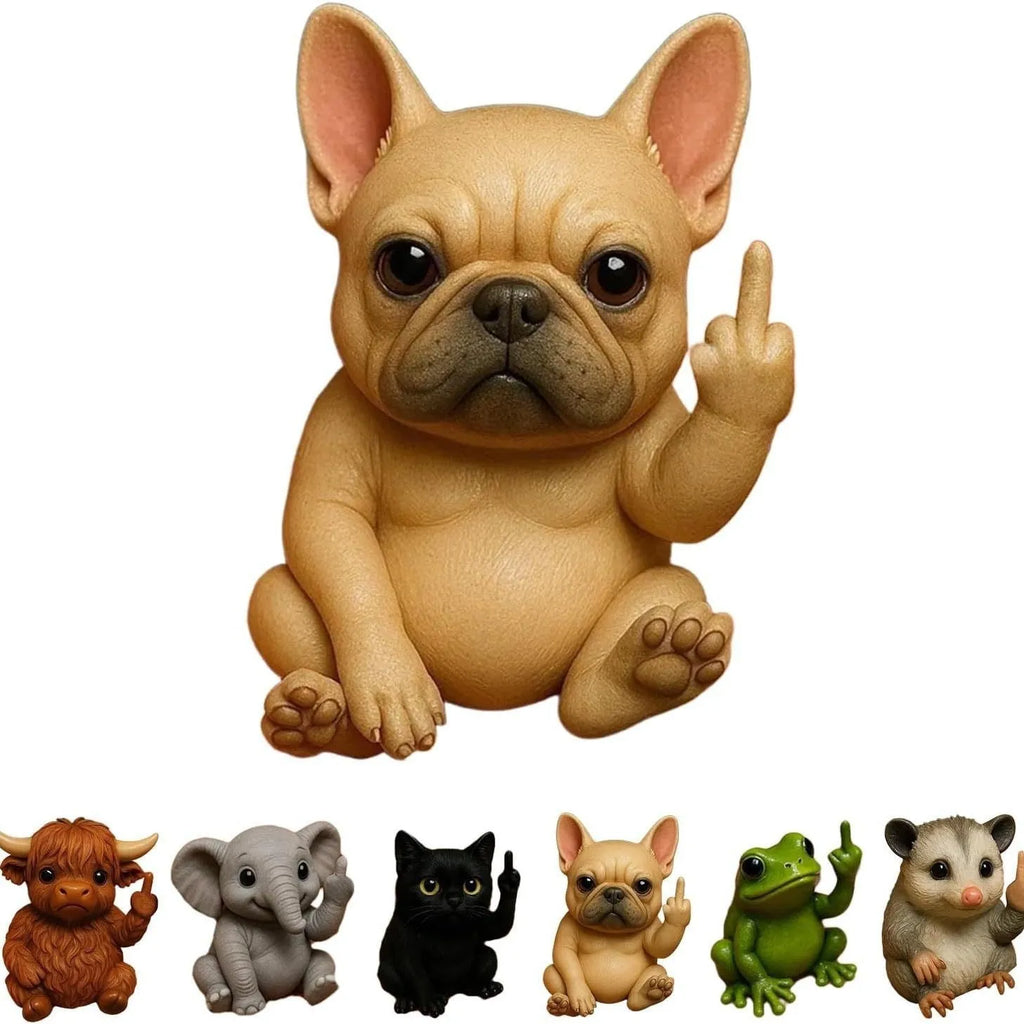 Mini resin animal doll holding up a middle finger, available in cat, dog, elephant, frog, cow, mouse, and turtle styles.