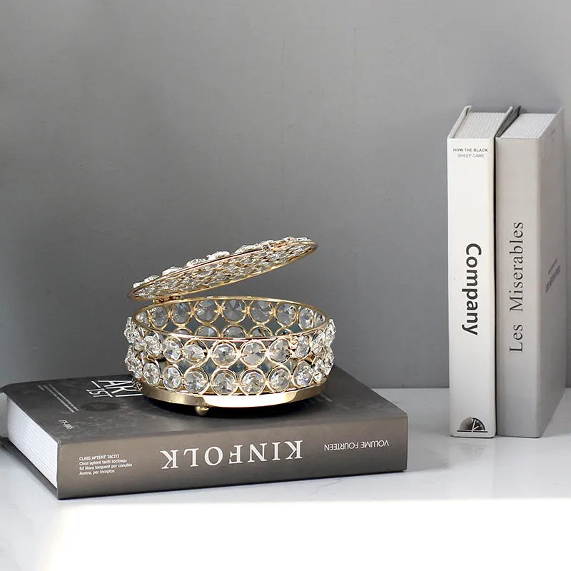 French gold European style jewelry storage box with crystal glass transparent panels and iron construction