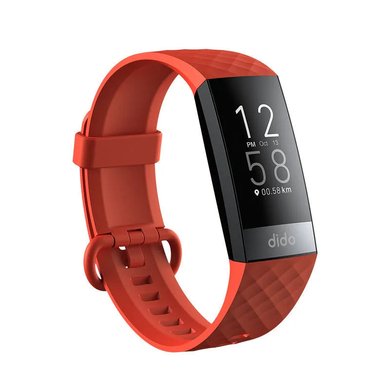 Black smart health bracelet with screen showing blood pressure and ECG readings on wrist.