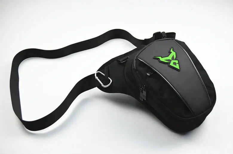 Motorcycle leg bag in knight bag styling with 1200D Oxford cloth construction and crossbody mounting