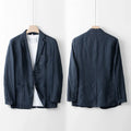 Men's loose-fit linen casual blazer jacket shown in available colours: white, black, natural linen, sky blue, and navy blue.