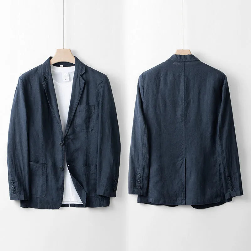 Men's loose-fit linen casual blazer jacket shown in available colours: white, black, natural linen, sky blue, and navy blue.