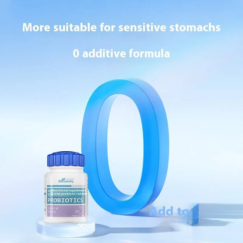 Bottle of pet probiotic tablets containing 180 count digestive health supplement for dogs and cats