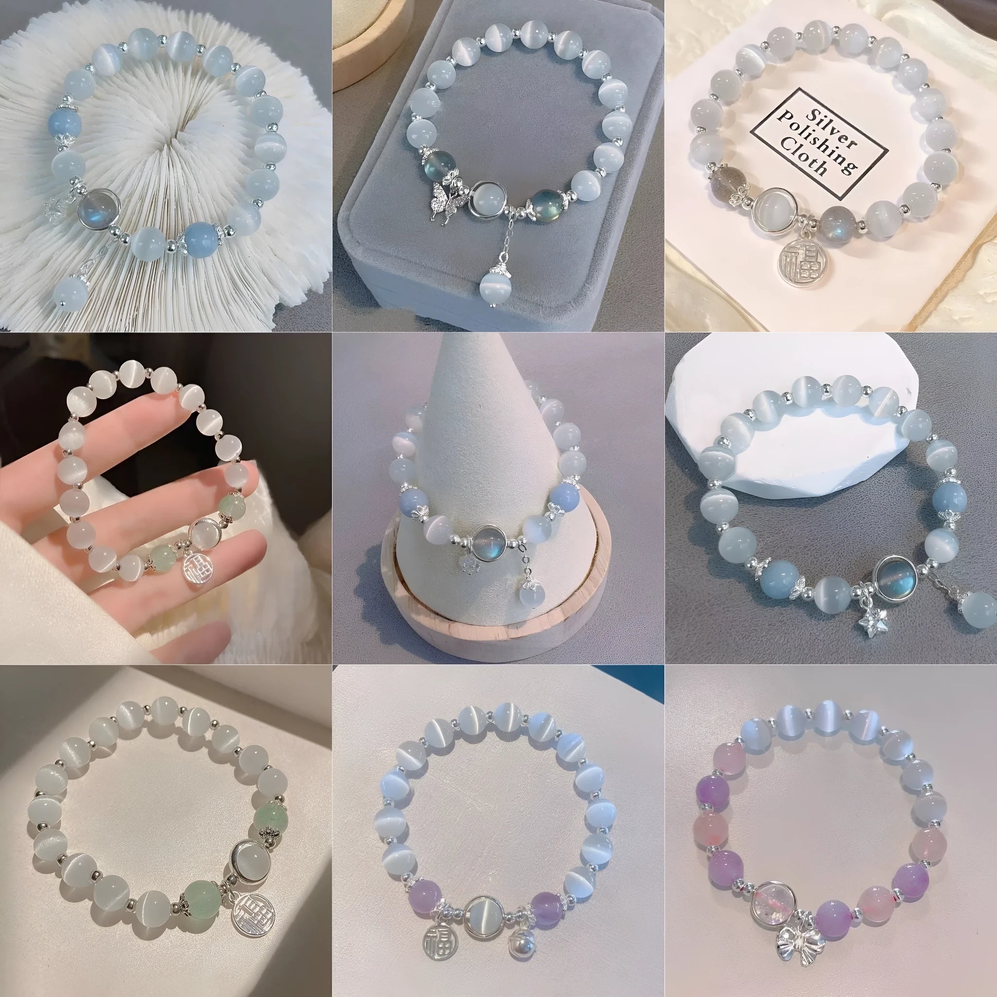Handcrafted grey moonlight glass butterfly bracelet with coloured glaze beads and round charms