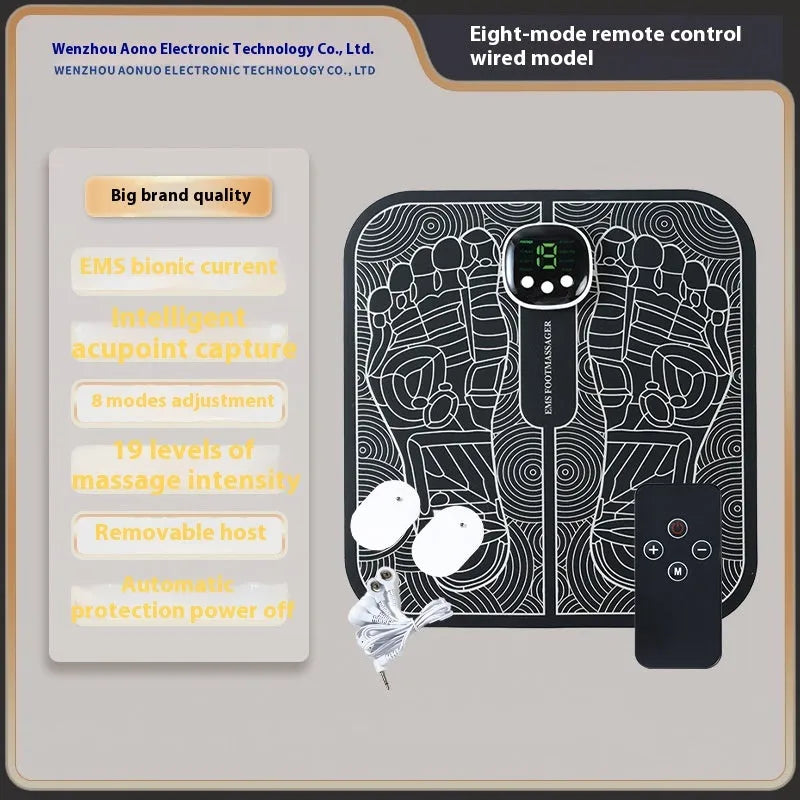 Blue rechargeable foot massager mat with USB cable and push-button controls on a floor.