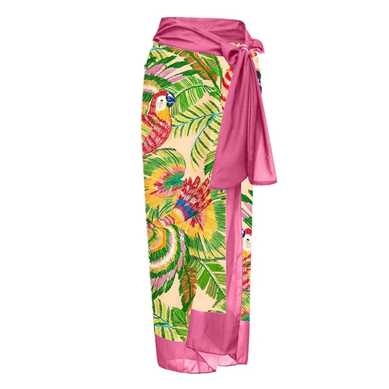 Pink floral print retro one-piece swimsuit with V-neck and thin skirt for women.