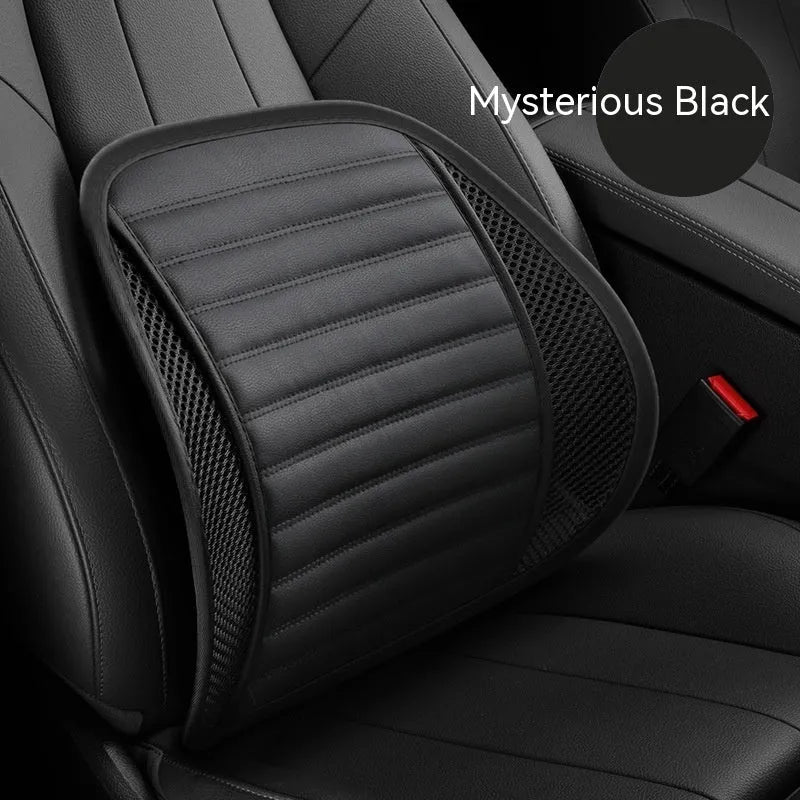 Leather lumbar support cushion shown in sapphire blue colour for car seats and chairs