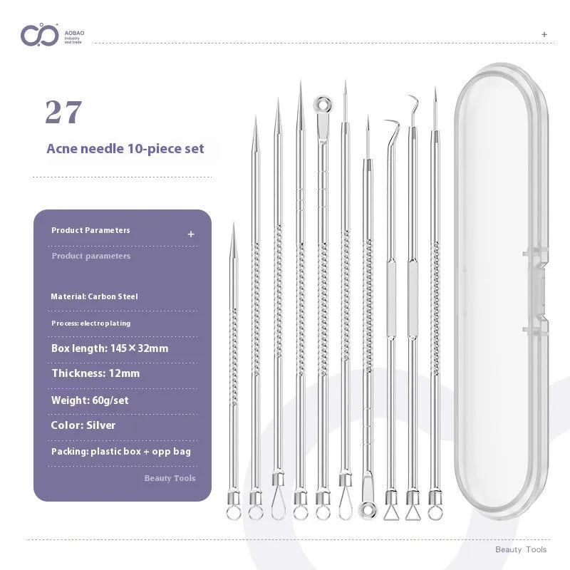 Four-piece metal acne needle set with ultra-fine pointed tips for blackhead removal