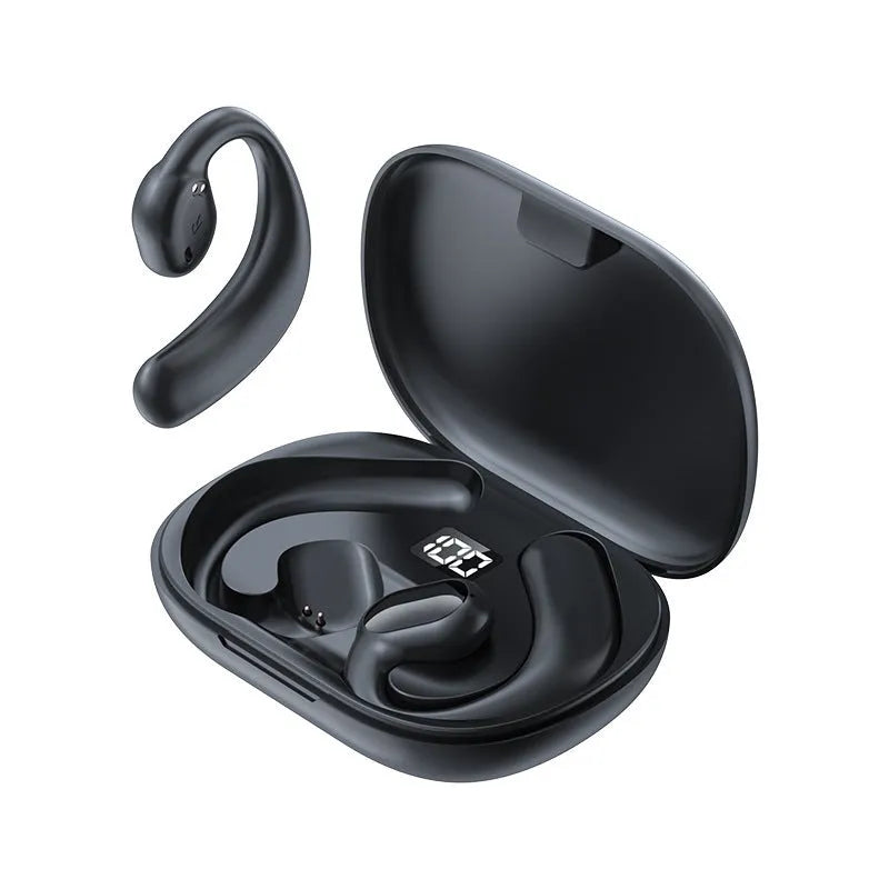 Black or white ear-mounted Bluetooth wireless headset with digital display screen