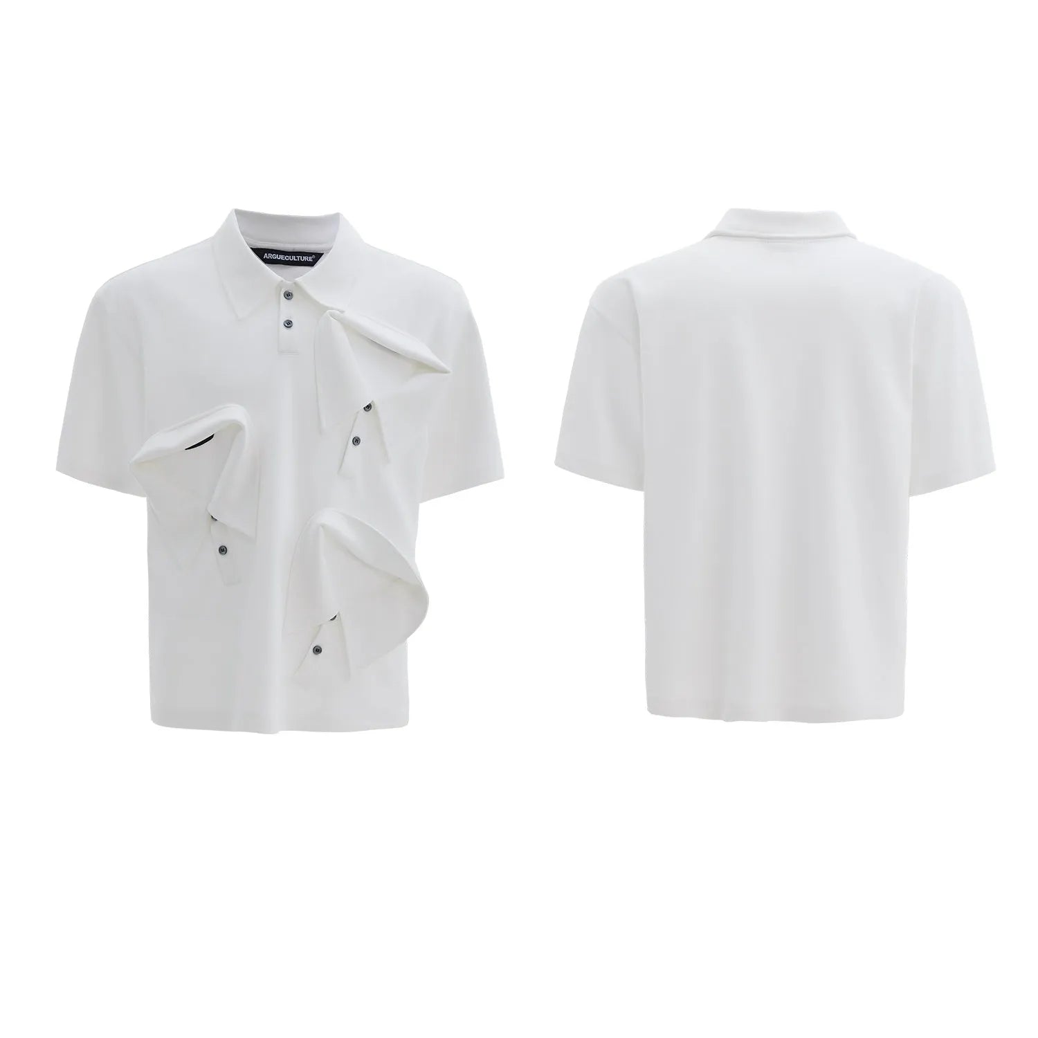 Men's deconstructed polo shirt with geometric pattern and multiple collar styles in loose fit