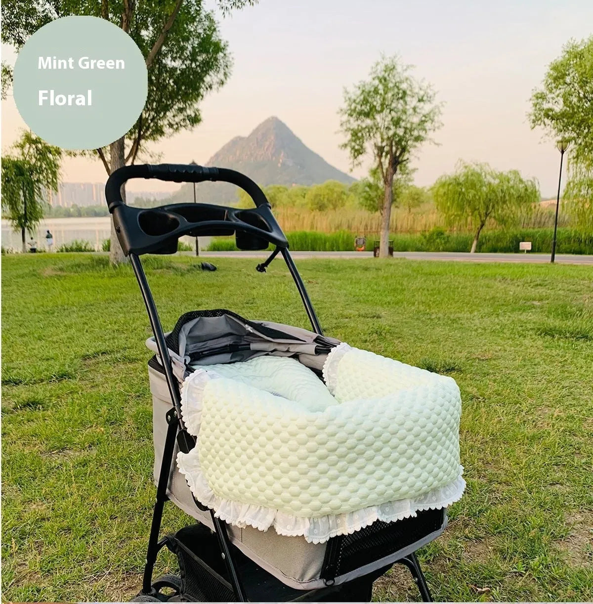 Pure cotton pet stroller three-piece set with towel, cushion and pillow in floral pattern