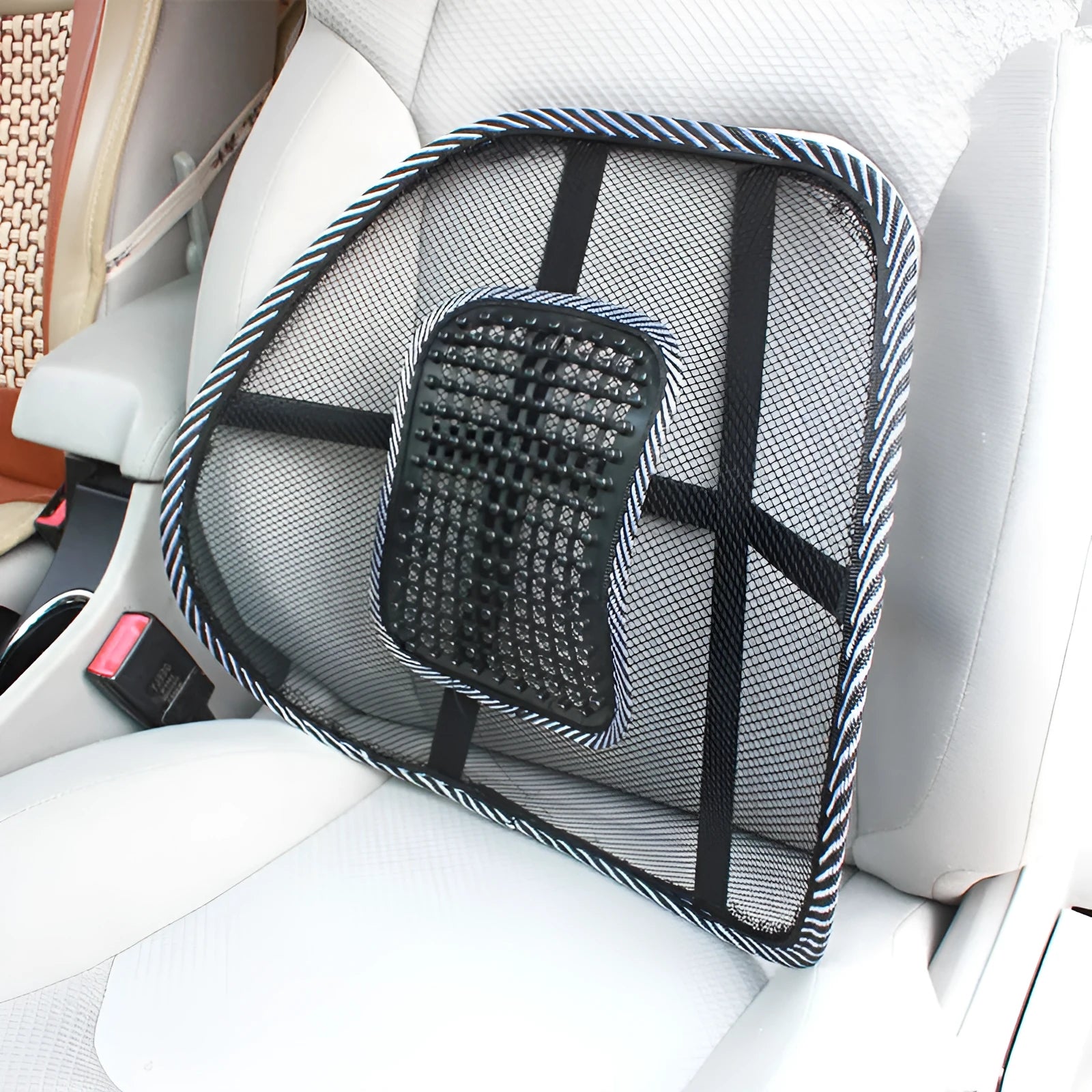 Black car leather lumbar support pillow with steel wire frame measuring 41cm by 39cm