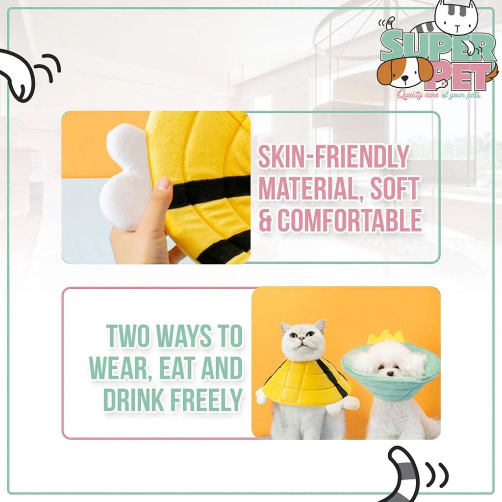 Soft cat cone collar with bee design showing adjustable velcro closure