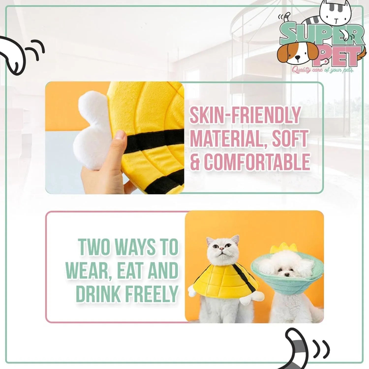 Soft cat cone collar with bee design showing adjustable velcro closure