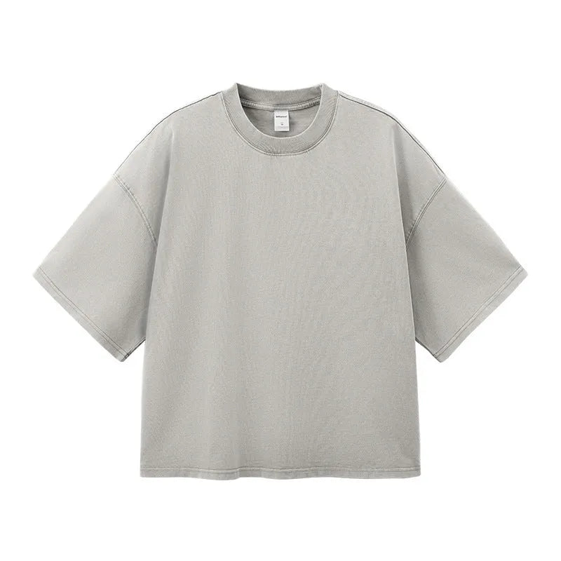 Men's vintage washed cotton T-shirt with loose fit and drop-shoulder sleeves