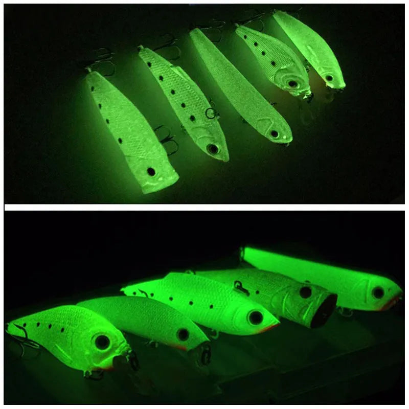 Set of five 3D fluorescent simulation hard bait fishing lures with luminous features