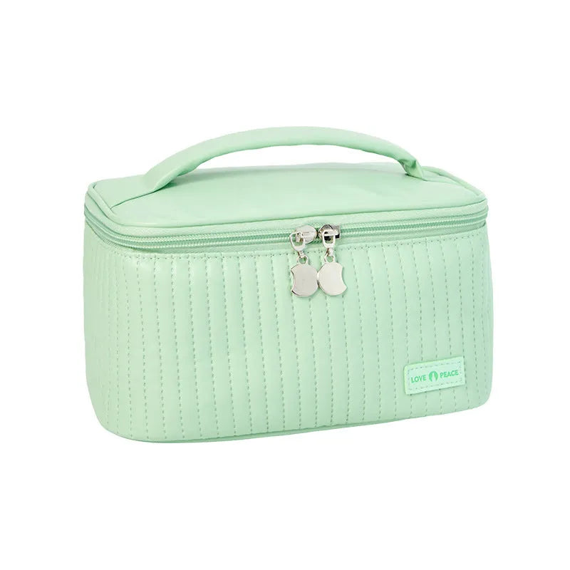 Open-top PU leather makeup bag in a choice of six solid colours: pink, coffee, beige, light blue, light green, light purple.