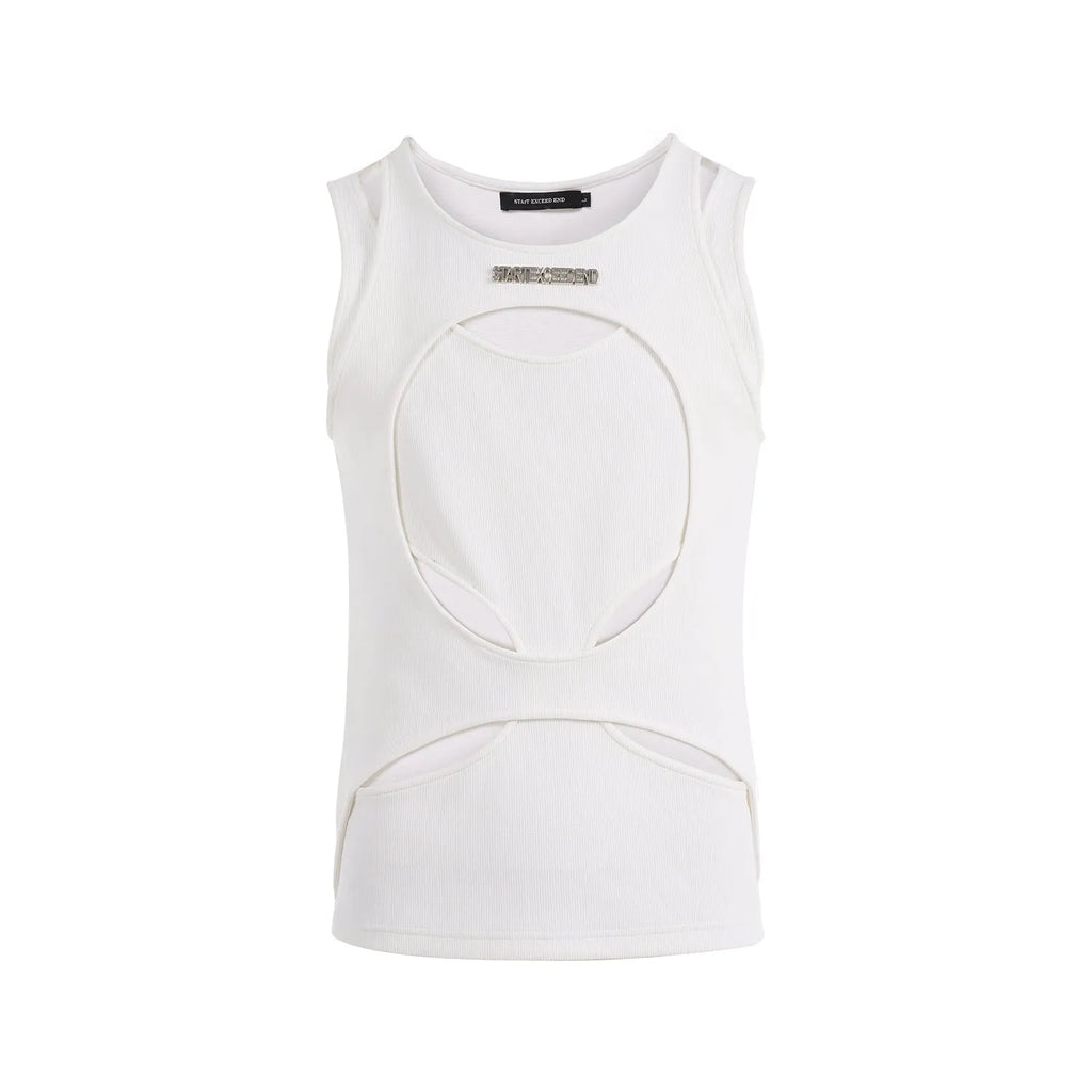 Men's black sleeveless pullover waistcoat with white hollow thread detailing and a round neck.