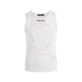 Men's black sleeveless pullover waistcoat with white hollow thread detailing and a round neck.