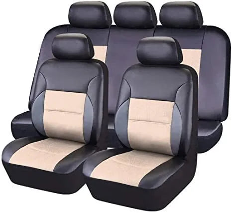 Artificial leather car seat cover set in black, showing front seat and headrest covers with hook fasteners.