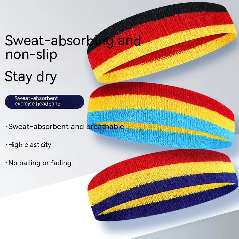 Multi-colour striped sports headband for adults shown in a 5.5 by 20 cm size.
