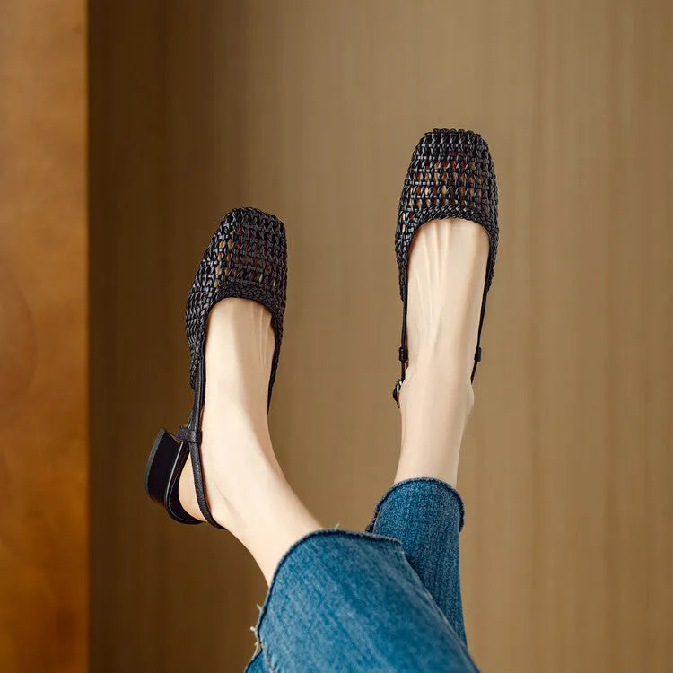 Women's woven hollow-out closed toe sandals with chunky heel and buckle closure in black