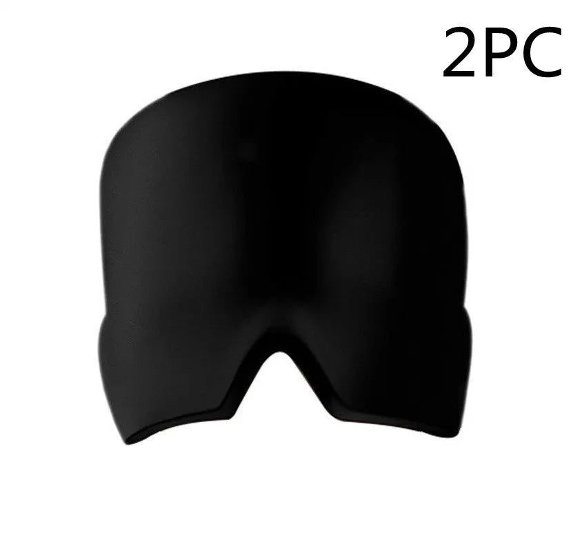 Black adjustable cold compress gel eye mask for headache relief on a plain background.