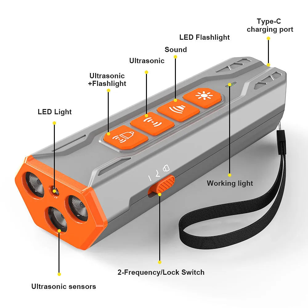 Three-head ultrasonic dog trainer with adjustable frequency control in grey orange colour