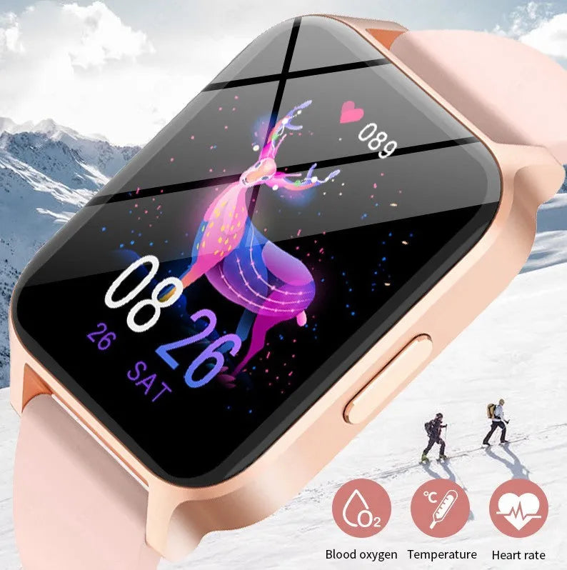 Smart colour screen health watch with mesh belt in black or rose gold showing heart rate monitor